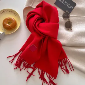 Korean style winter warm solid red wool blend fringe scarf, cozy thick winter neck warmer.