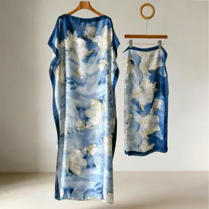 Women Satin Long Robe And Scarf Set Floral Print Imitation Silk Kimono Cardigan Headscarf Bohemian Vacation Beach Cover Up