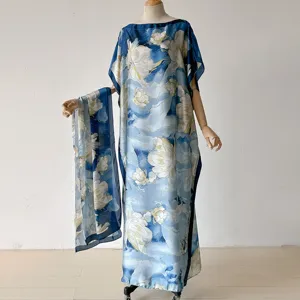 Blue floral caftan robe with matching scarf, elegant women summer maxi dress detail view.
