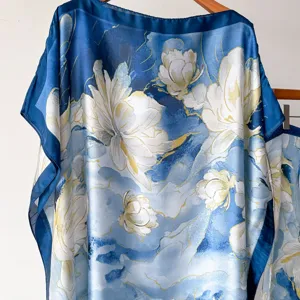 Blue floral print silk-like robe detail, elegant watercolor floral pattern with blue border for women.
