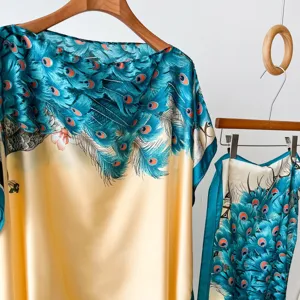 Detailed view of Chinese style peacock print long robe and scarf, ideal for summer vacation.