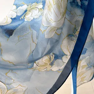 Blue and white floral printed silk scarf, elegant lightweight women summer fashion shawl.