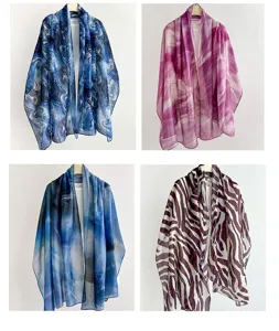 Detailed view of fashionable women's printed long scarves and breathable versatile shawls.