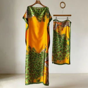 Details of the Chinese style peacock print long robe and matching silk scarf for summer vacation.