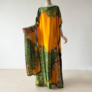Summer long peacock print kaftan dress with matching scarf, perfect for beach vacation and casual.
