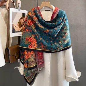 Sciarpa jacquard pavone floreale vintage elegante scialle retrò donna moda autunno inverno