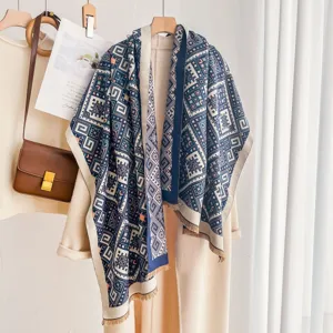 Cozy geometric jacquard shawl for women, thick warm winter wrap scarf for daily outdoor wear.