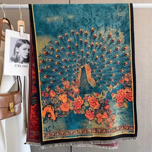 Sciarpa Jacquard a Fiori di Pavone in Stile Nazionale Vintage per Donna Autunno Inverno Scialle Caldo in Finta Cashmere Con Nappine Sciarpa Verde Bluastro