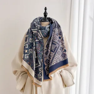 Geometric jacquard winter warm shawl scarf versatile thick outer wear accessory detail view