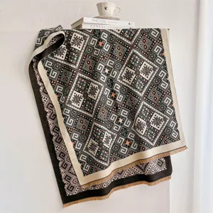 Women winter geometric jacquard shawl warm thickened stylish fringe scarf fashion