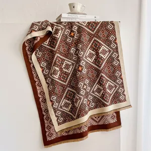 Vintage geometric jacquard knitted shawl warm autumn winter fringed cozy scarf blanket style