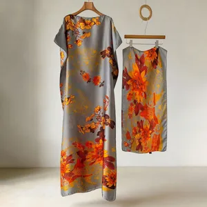 Ensemble Robe Sans Manches Et Foulard Pour Femmes Été Polyester Imprimé Floral Respirant Vacances Longue Robe Voyage Casual