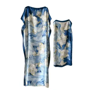 Women blue floral print satin long robe and matching headscarf cover up set for summer.