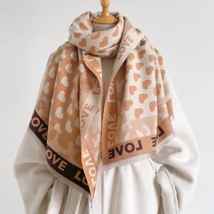 Sciarpa in cashmere sintetico con cuore stile coreano, scialle caldo stampato leopardo bifacciale.