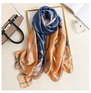 Mujer Bufanda Tacto Seda Estampado Óleo Elegante Chal Largo Moda Azul Oro Abrigo