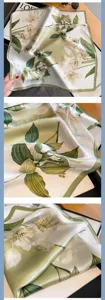 Detailed view of luxury silk scarf with elegant green botanical lily flower print for women.