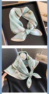Elegant light blue silk small square scarf with white floral print for women fashion.