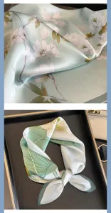 Vista dettagliata del foulard quadrato in seta verde con motivo floreale, elegante per donne.