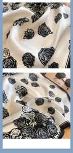 Elegant black and white rose print silk square scarf for women, perfect for spring accessory.