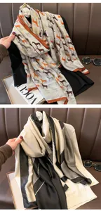 Detailed view of the luxury silk scarf showcasing elegant equestrian and geometric patterns.