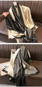 Colorblock Long Imitation Silk Scarf Women Fashion Autumn Winter Warm Neck Detail