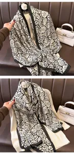 Black white rose print long faux silk scarf with elegant black border, stylish women accessory.