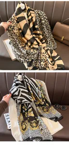 Fashionable long silk scarf featuring trendy leopard and zebra print patterns for women.