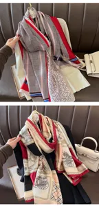 Elegant imitation silk long scarf with classic carriage and houndstooth pattern for women.