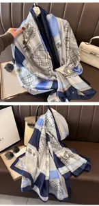 Blue and white color block long imitation silk scarf with classic carriage chain print.