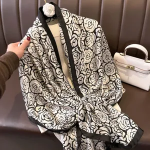 Black and white rose floral print imitation silk long scarf for women, elegant drape style.