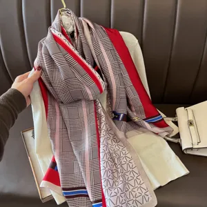 Color-blocked long imitation silk scarf featuring houndstooth pattern, elegant and warm.
