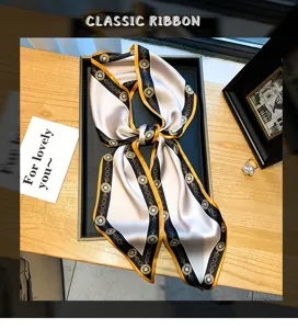 Elegant skinny silk scarf with vintage chain print, perfect for hair, neck or bag decoration.