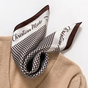 Chic houndstooth silk square scarf, premium mulberry silk neckerchief for women fashion.