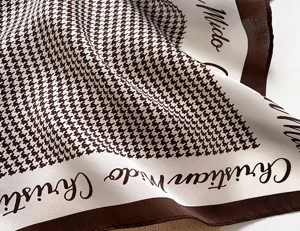 Houndstooth silk scarf detail view, elegant brown and white mulberry silk neckerchief close up