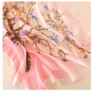 Pink oil painting floral silk scarf detail, elegant floral pattern, soft shiny texture.