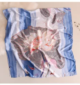 Elegant blue watercolor lotus silk scarf for women, soft fashion square shawl for daily wear.