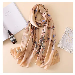 Elegant oil painting floral silk scarf, soft imitation silk shawl for travel and daily wear.