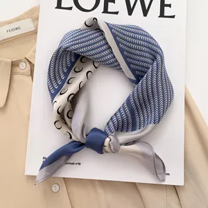 Silk square scarf for women, blue and white crescent moon printed chic fashion neckerchief.