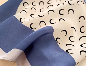 Silk square scarf for women, chic crescent moon print neckerchief, elegant blue border accessory.
