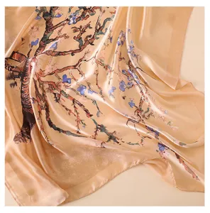 Exquisite silk feel art print scarf detail, elegant floral pattern women shawl, beige tone