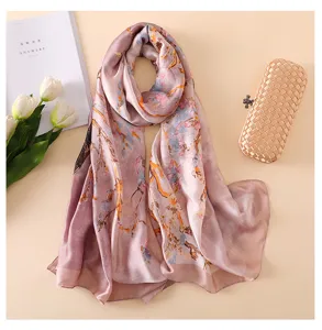 Chic oil painting style silk scarf for women, elegant floral print accessory for travel and daily wear.