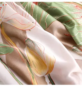 Close-up detail of women's floral print silk scarf fabric texture elegant design style.