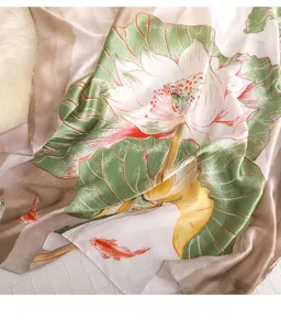 Elegant imitation silk lotus print scarf detail view, versatile fashion shawl for women daily wear.
