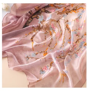 Pink oil painting style silk scarf detail, soft imitation silk fabric, elegant floral design.