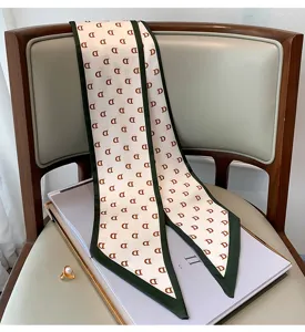 Letter print narrow silk twilly scarf for women, elegant neck band or bag accessory detail