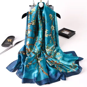 Women Fashion Satin Scarf Art Oil Painting Floral Print Long Shawl Elegant Lightweight Sun Protection Scarf