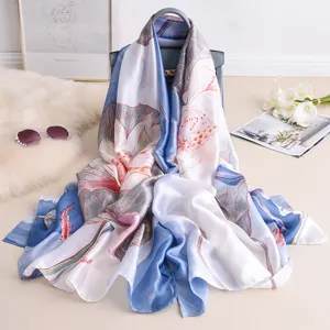 Women fashion silk feel scarf lotus print long shawl elegant neckerchief for travel