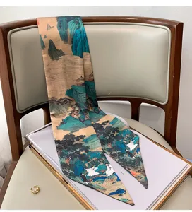 Stile cinese retro sciarpa di seta stretta lunga, twilly stampato bifacciale per borsa donna.