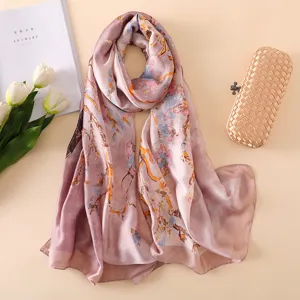 Women oil painting style silk scarf soft long shawl fashion elegant floral neck scarf for travel