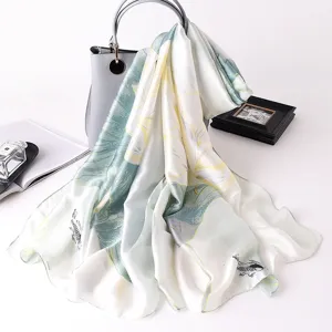 Elegant long silk scarf with artistic floral and fish print, perfect for women's daily wear.